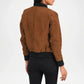 women's dark brown suede bomber jacket back view
