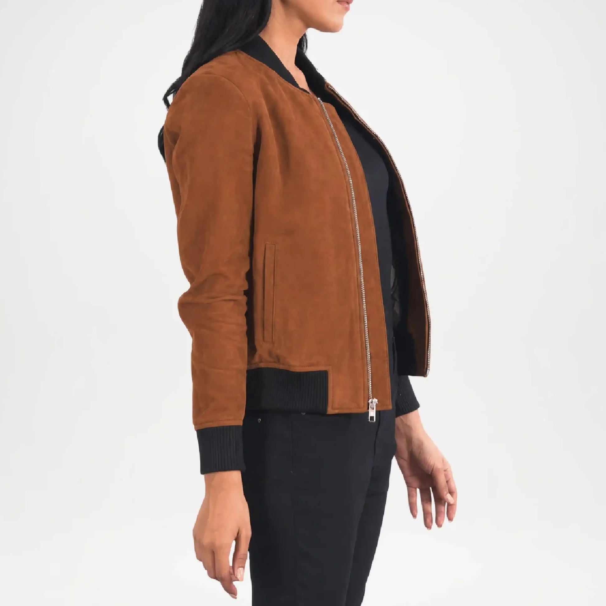 brown suede bomber jacket outfit women
