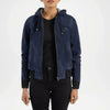 womens blue hooded suede bomber jacket