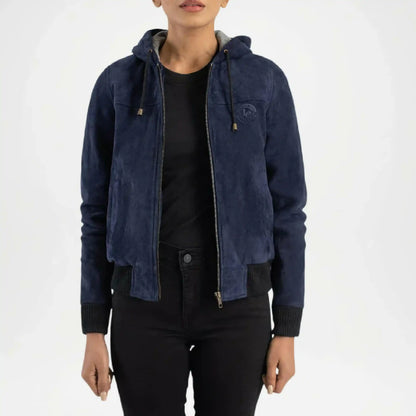 womens blue hooded suede bomber jacket