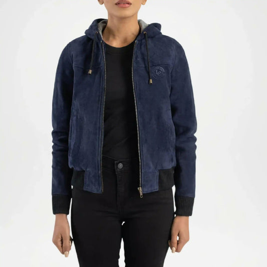 womens blue hooded suede bomber jacket