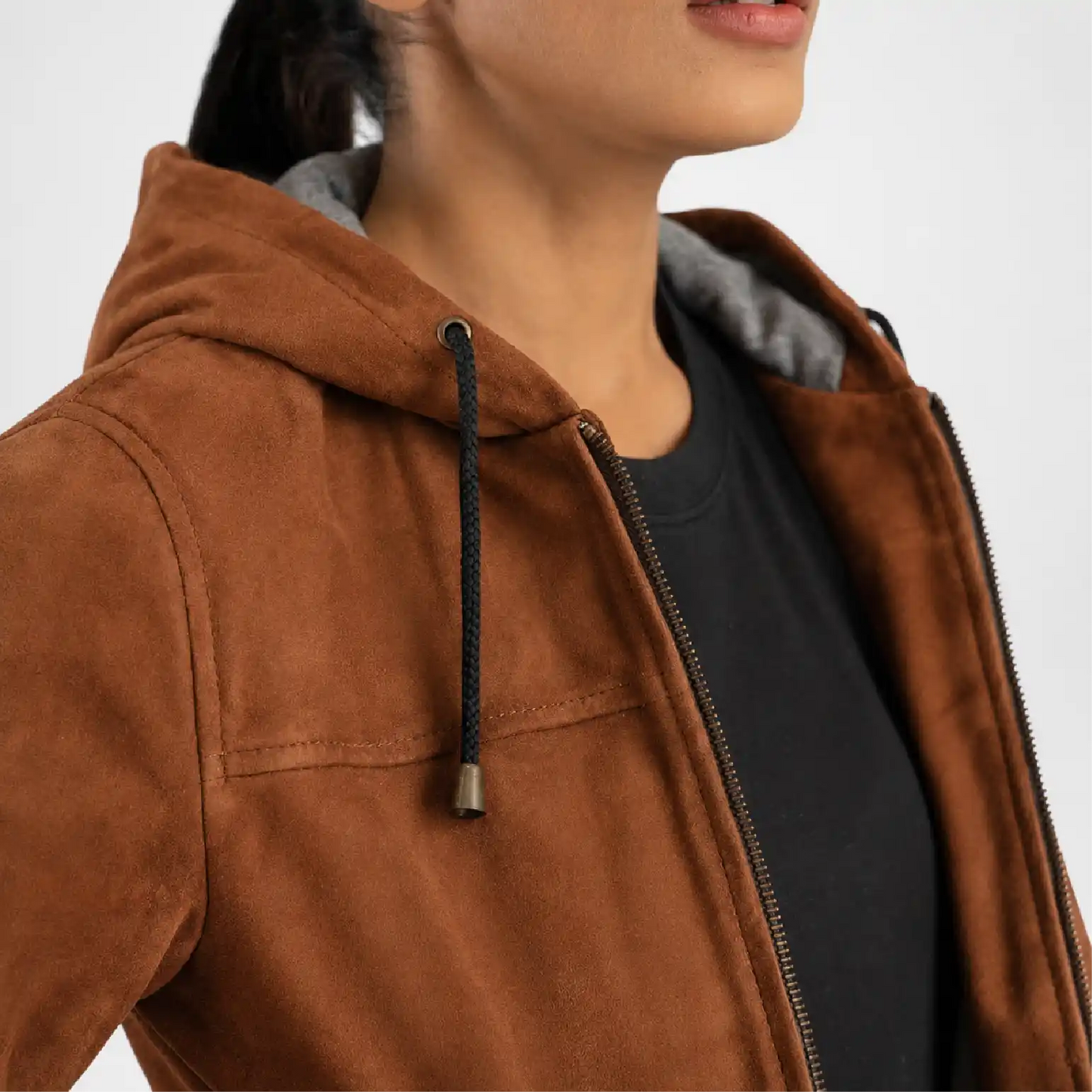 Brown Hooded Suede Bomber Jacket for Women
