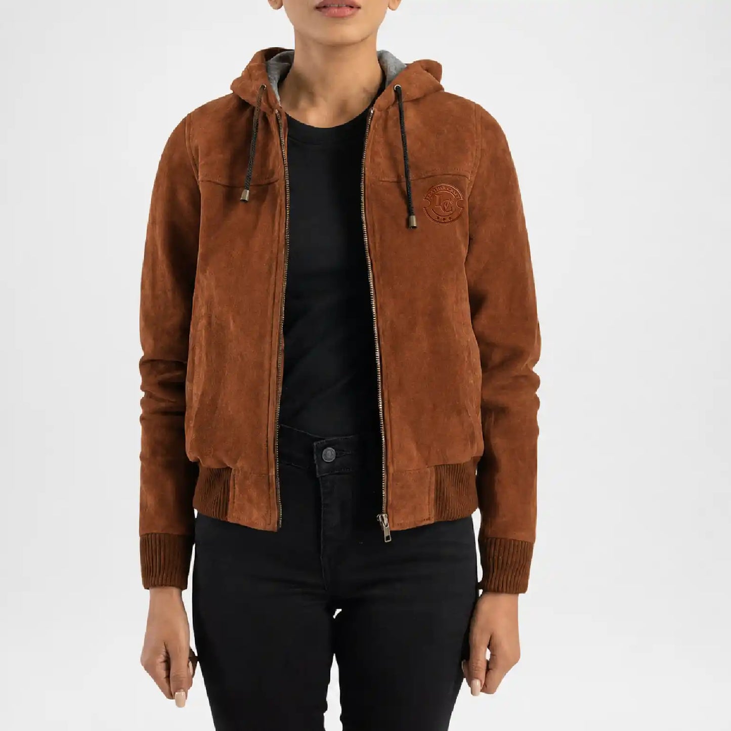 Brown Hooded Suede Bomber Jacket for Women