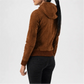 Brown Hooded Suede Bomber Jacket for Women