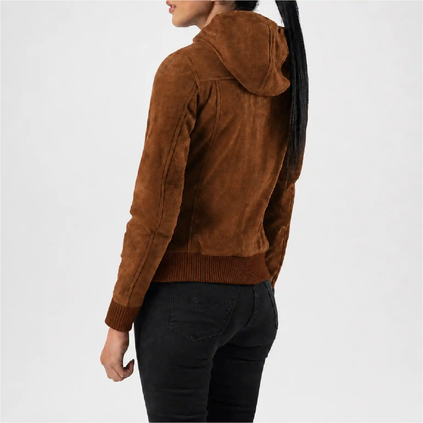 Brown Hooded Suede Bomber Jacket for Women