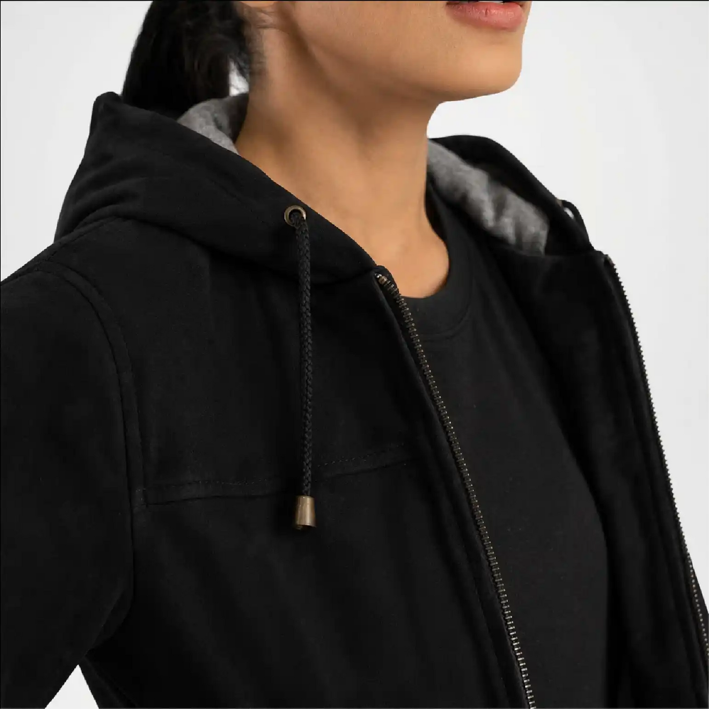 Black Hooded Suede Bomber Jacket for Women