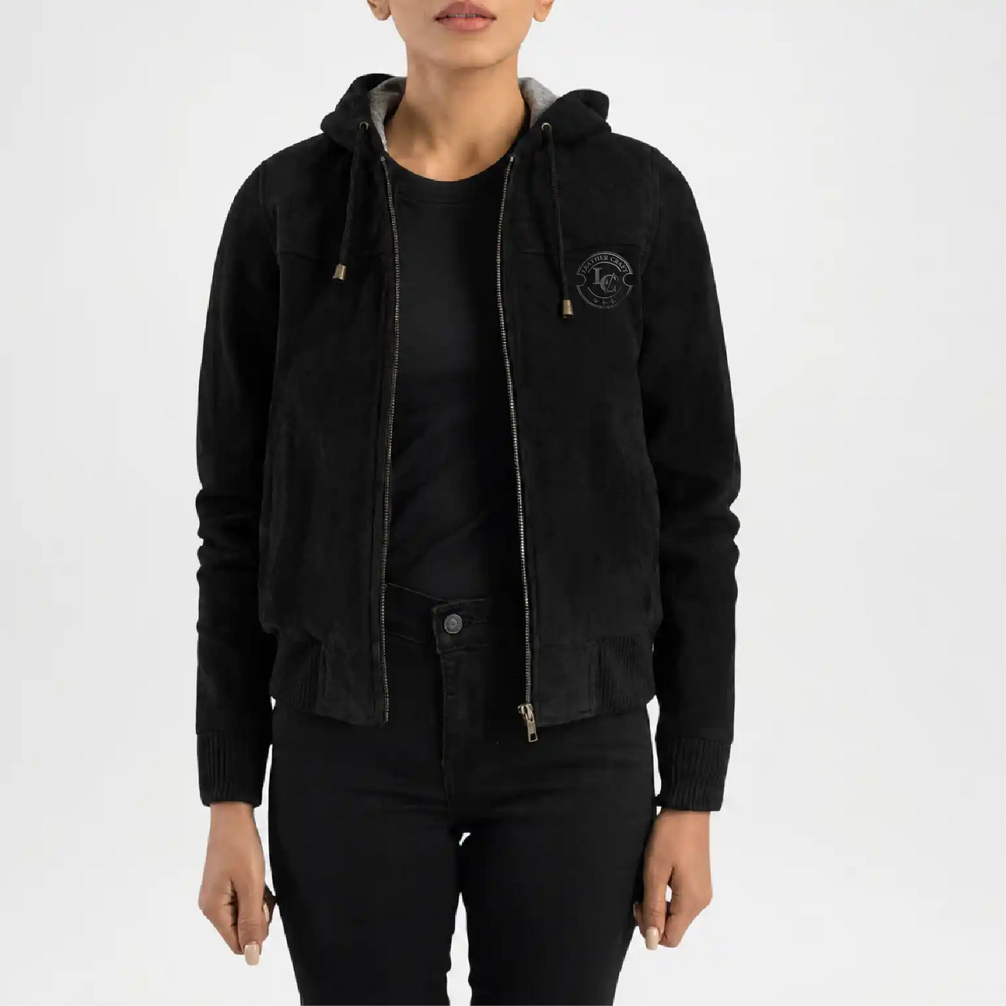 Black Hooded Suede Bomber Jacket for Women