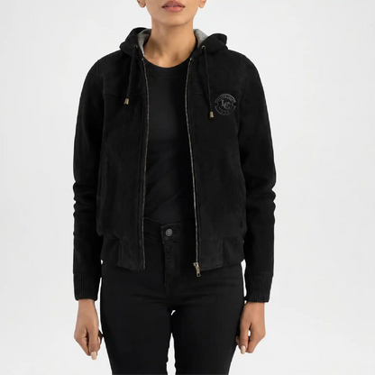 Black Hooded Suede Bomber Jacket for Women