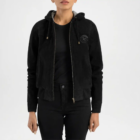 Black Hooded Suede Bomber Jacket for Women