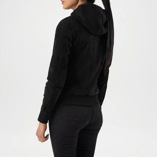 Black Hooded Suede Bomber Jacket for Women