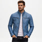 mens blue biker leather moto jacket