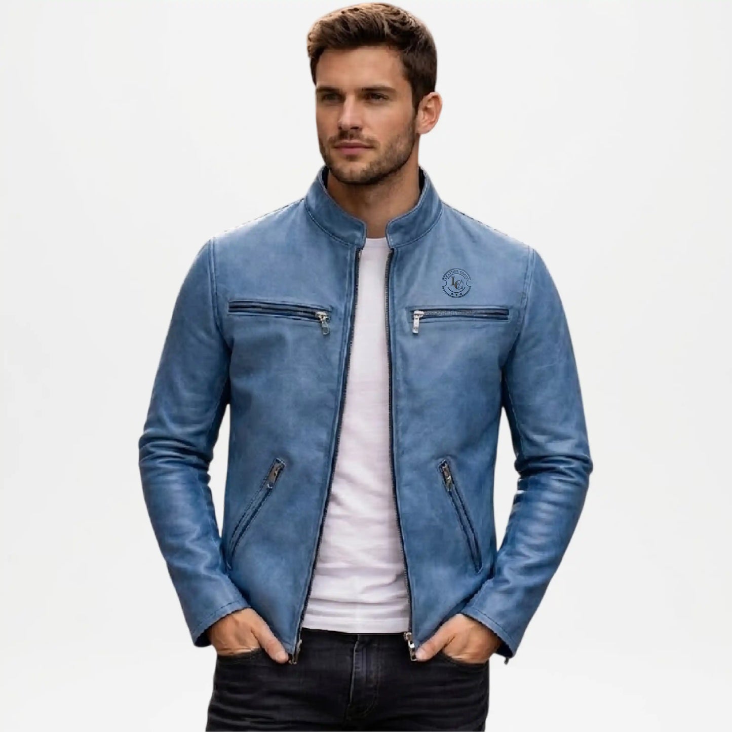mens blue biker leather moto jacket