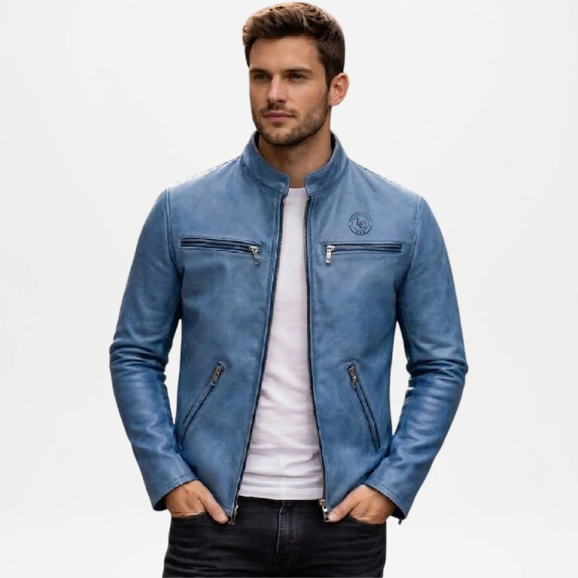 mens blue biker leather moto jacket