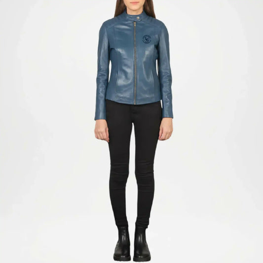 Blue Leather Biker Jacket for Women