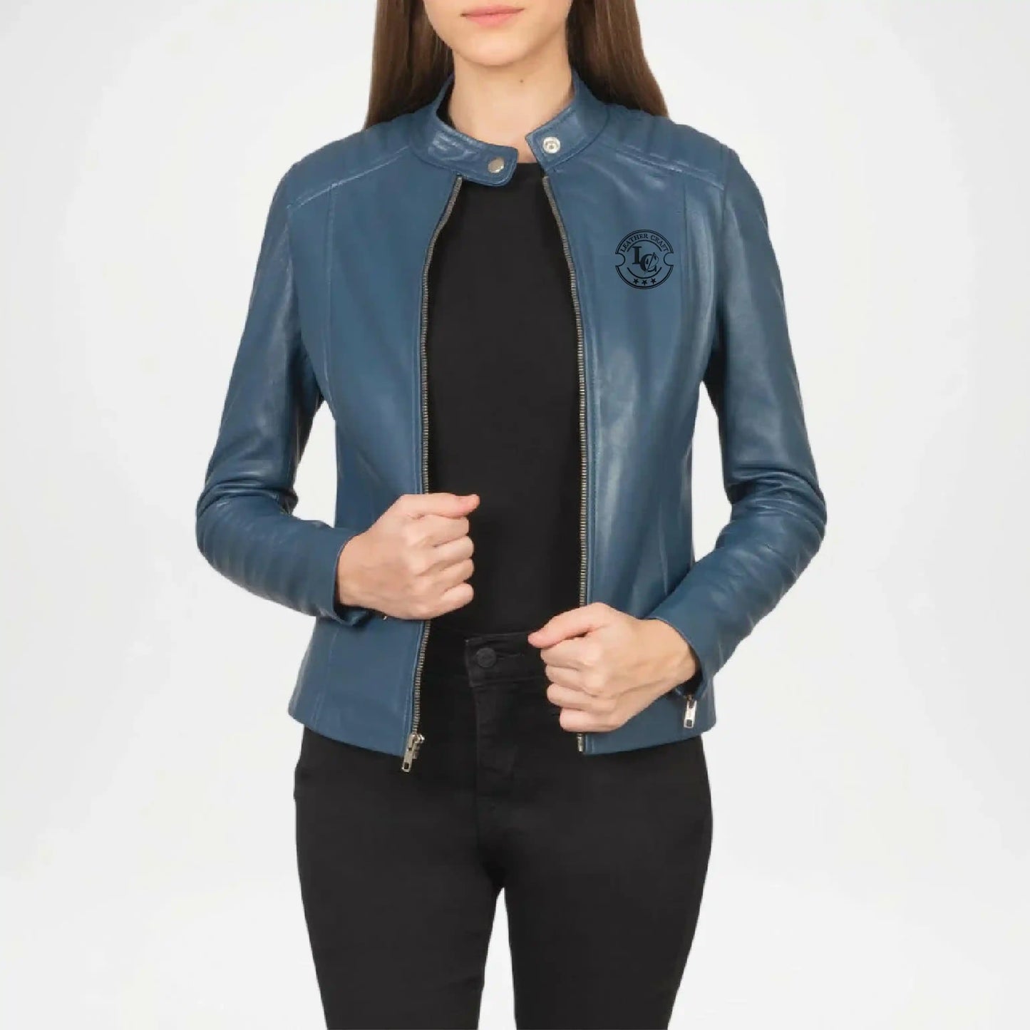 Blue Leather Biker Jacket for Women