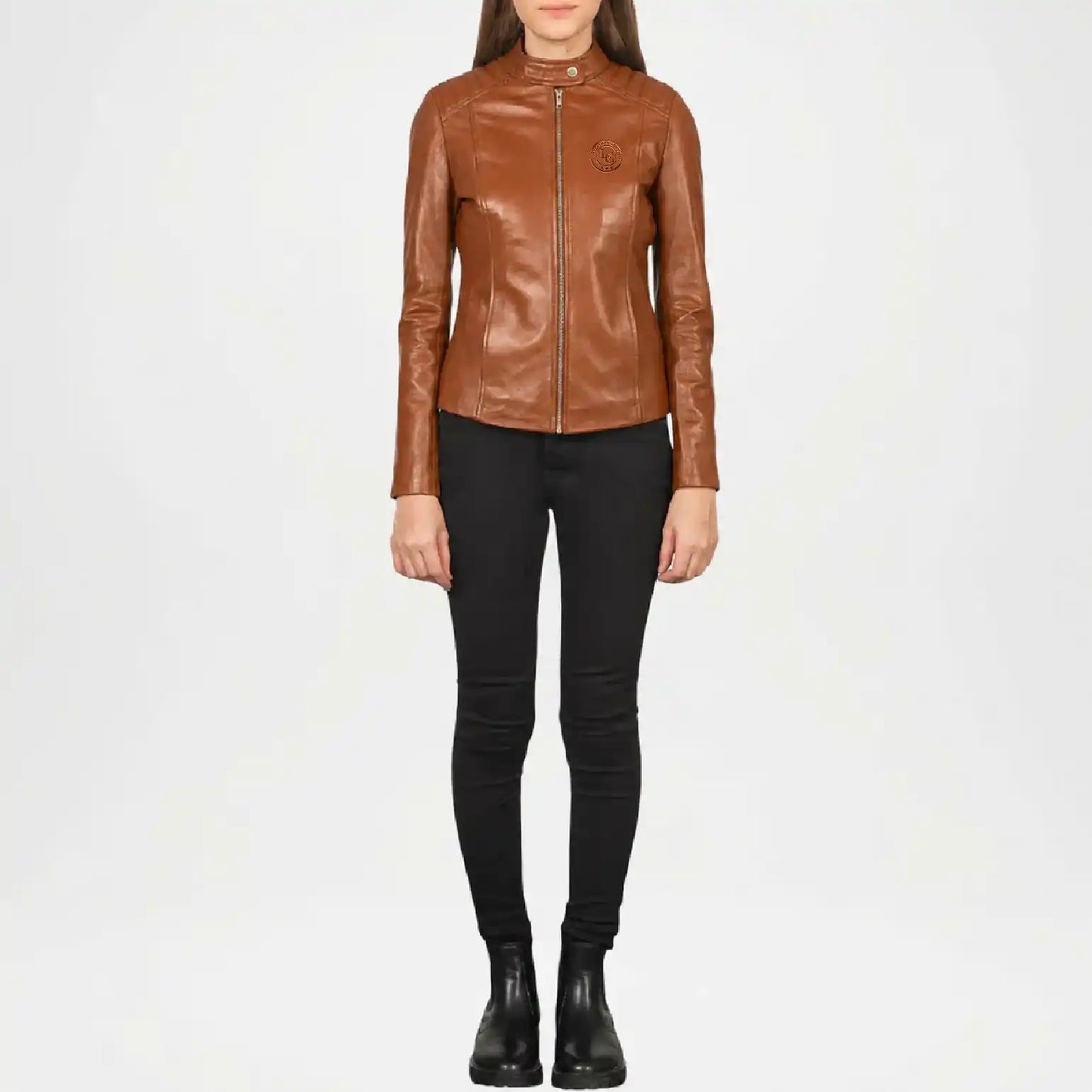 Brown Leather Biker Jacket for Women