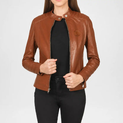 Brown Leather Biker Jacket for Women