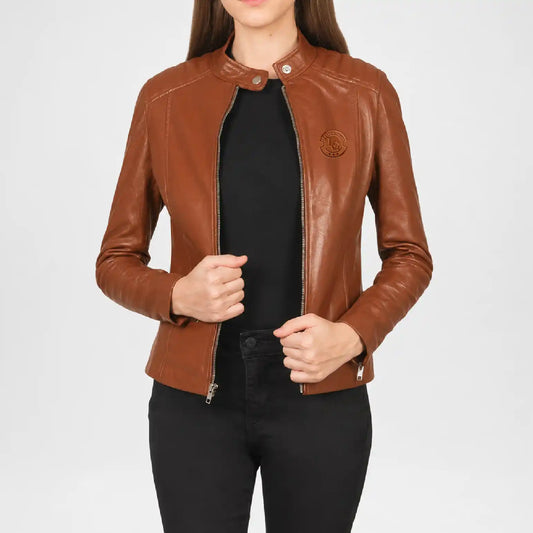 Brown Leather Biker Jacket for Women