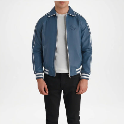 Blue leather varsity jacket for men with wool body