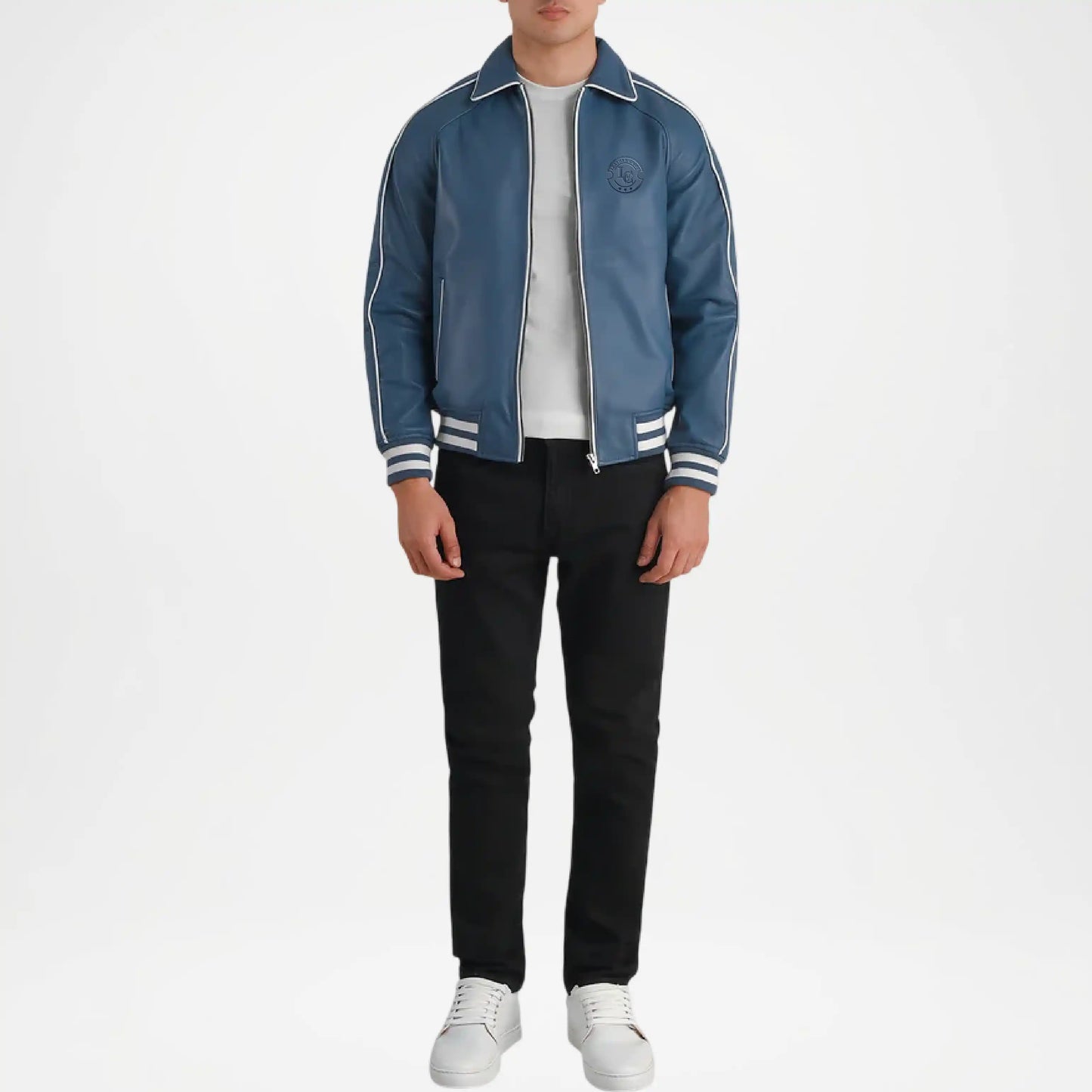 Men’s blue varsity jacket with genuine leather sleeves