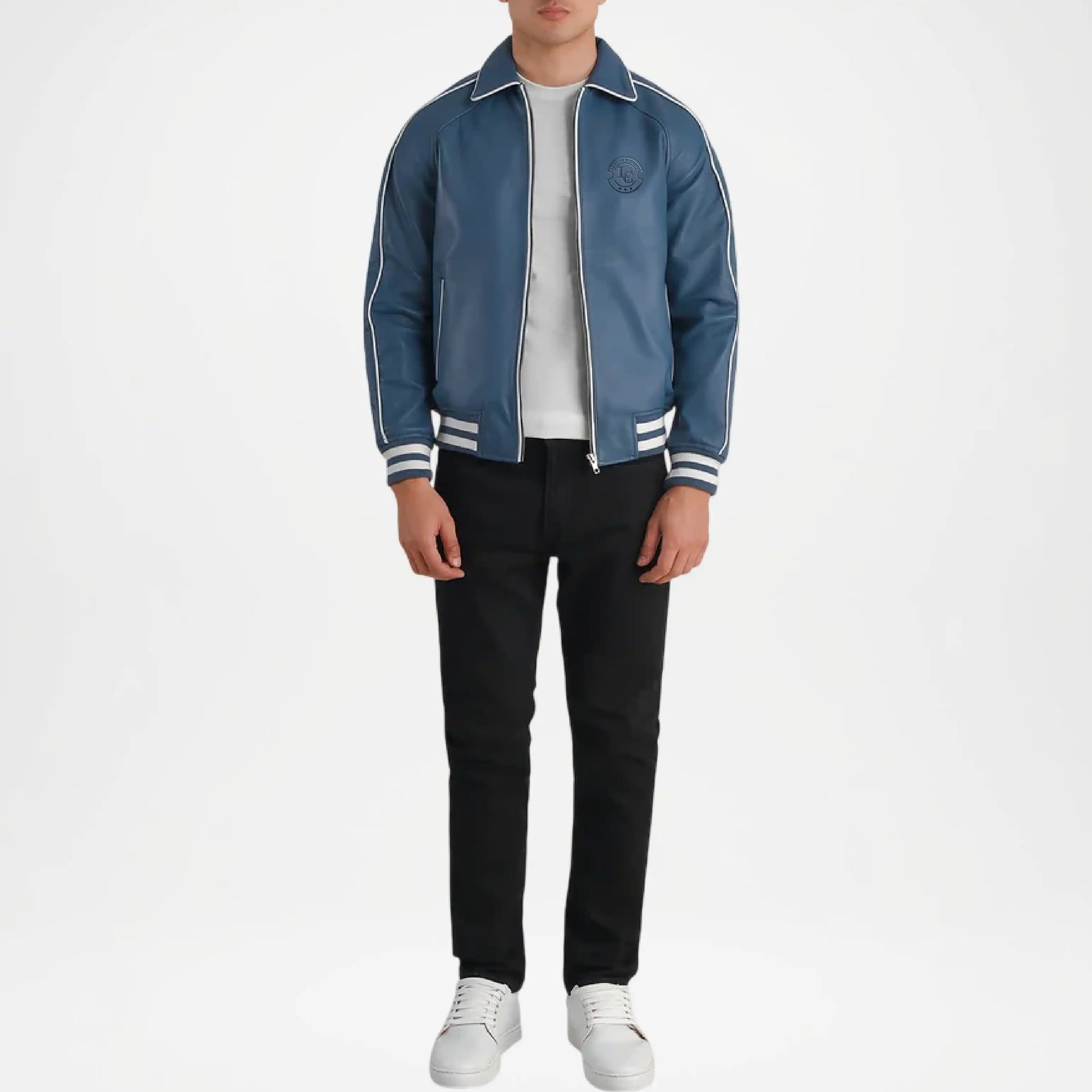Men’s blue varsity jacket with genuine leather sleeves