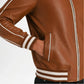 Brown leather jacket with white stripes on sleeves and hem 