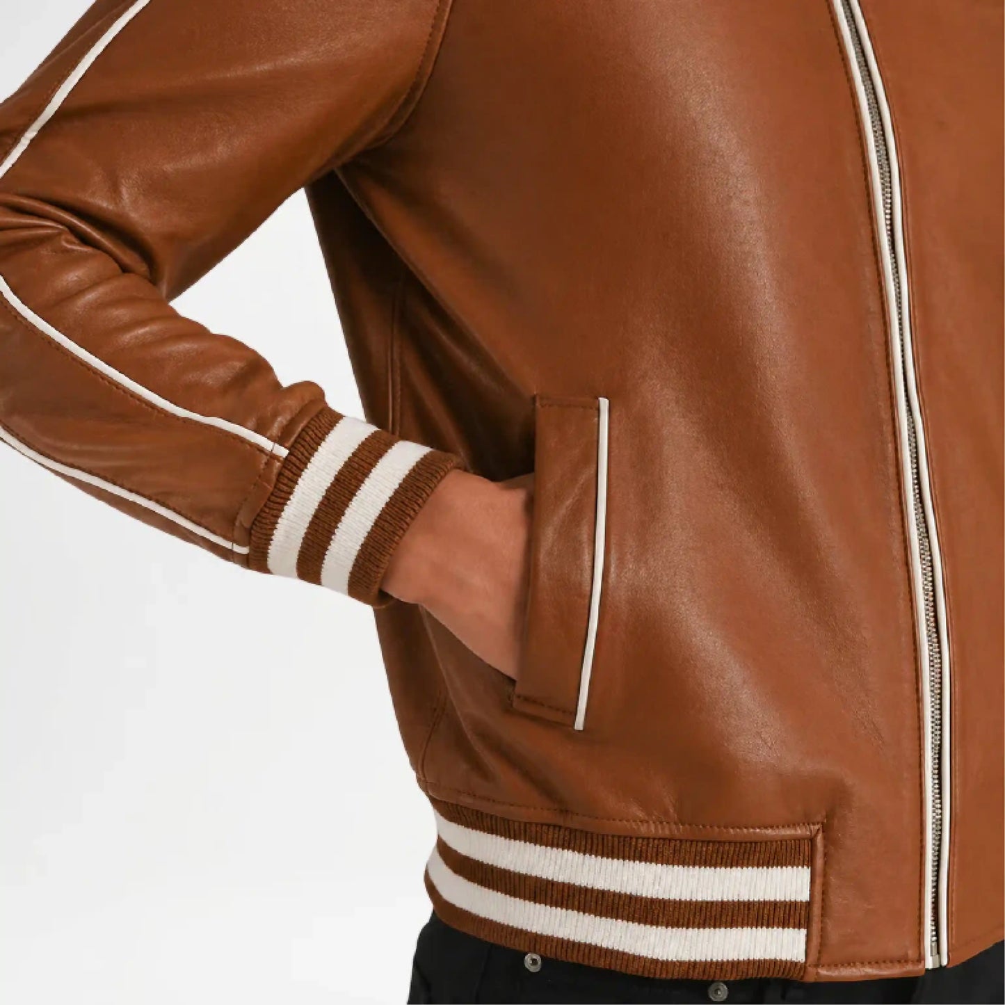 Brown leather jacket with white stripes on sleeves and hem 
