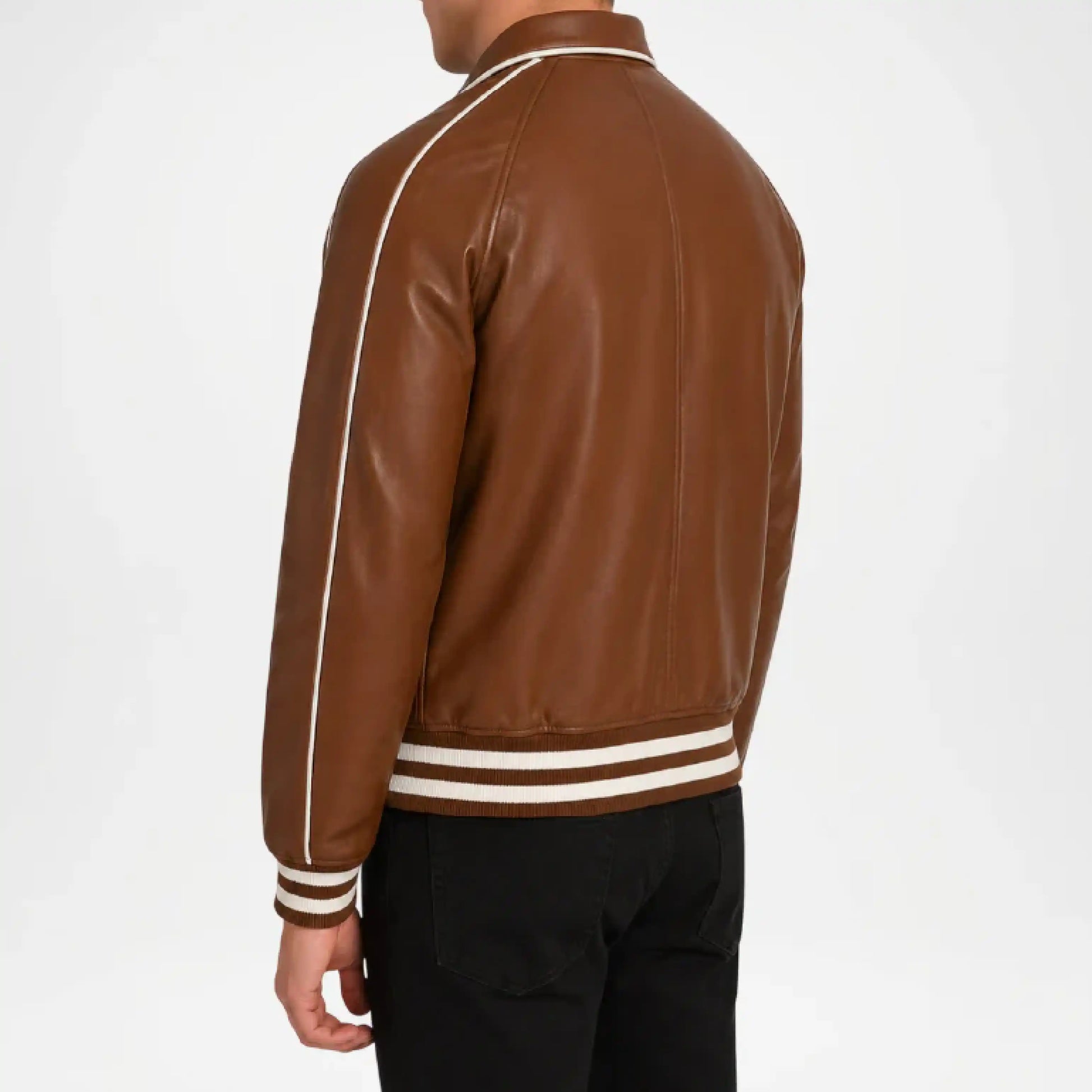 brown varsity leather jacket men classic style