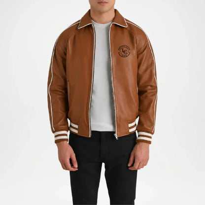 mens brown leather varsity jacket