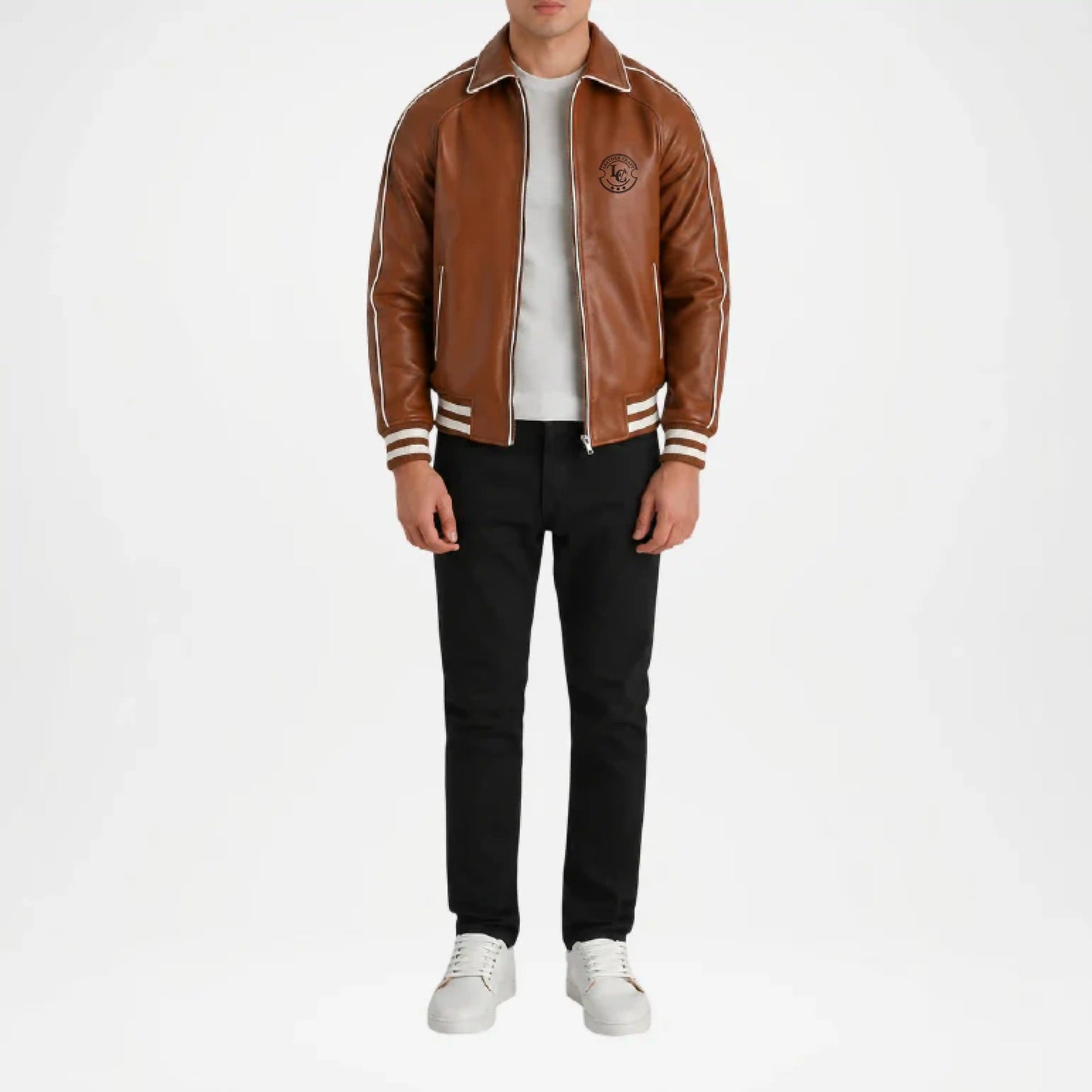 brown leather letterman jacket men