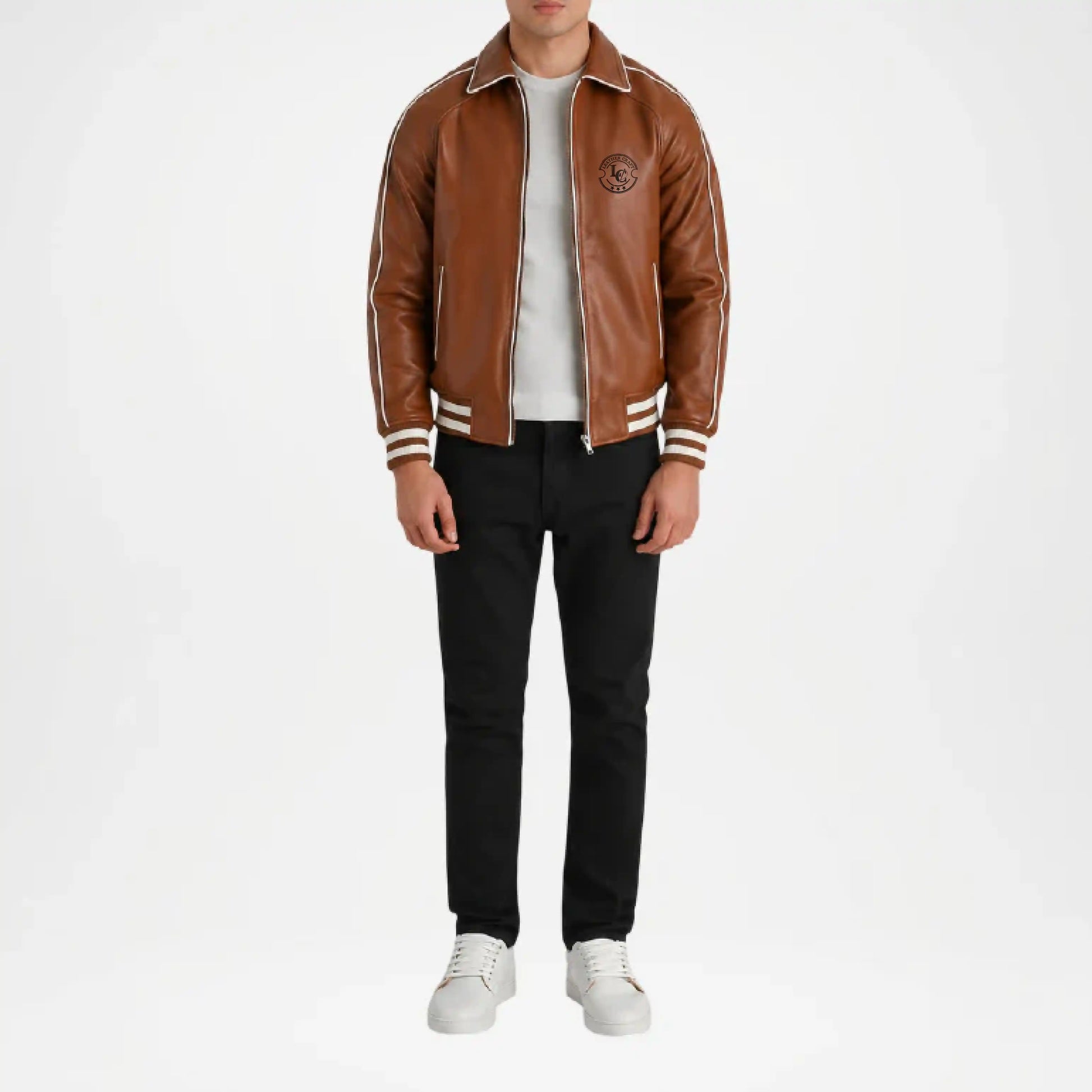 brown leather letterman jacket men