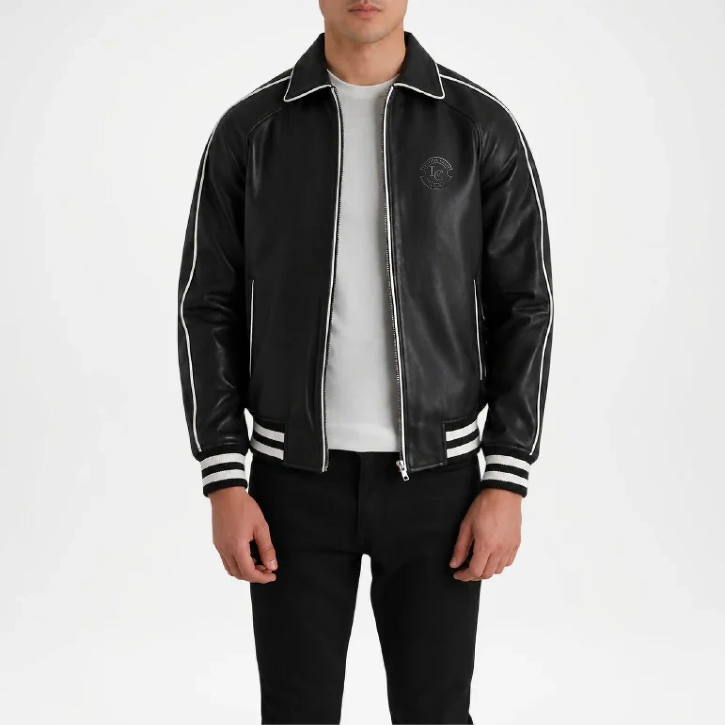 Black Leather Varsity Jacket for Men