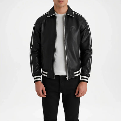 Black Leather Varsity Jacket for Men