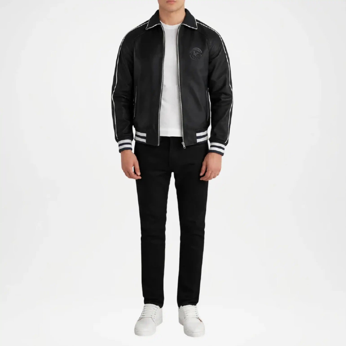 Black Leather Varsity Jacket for Men