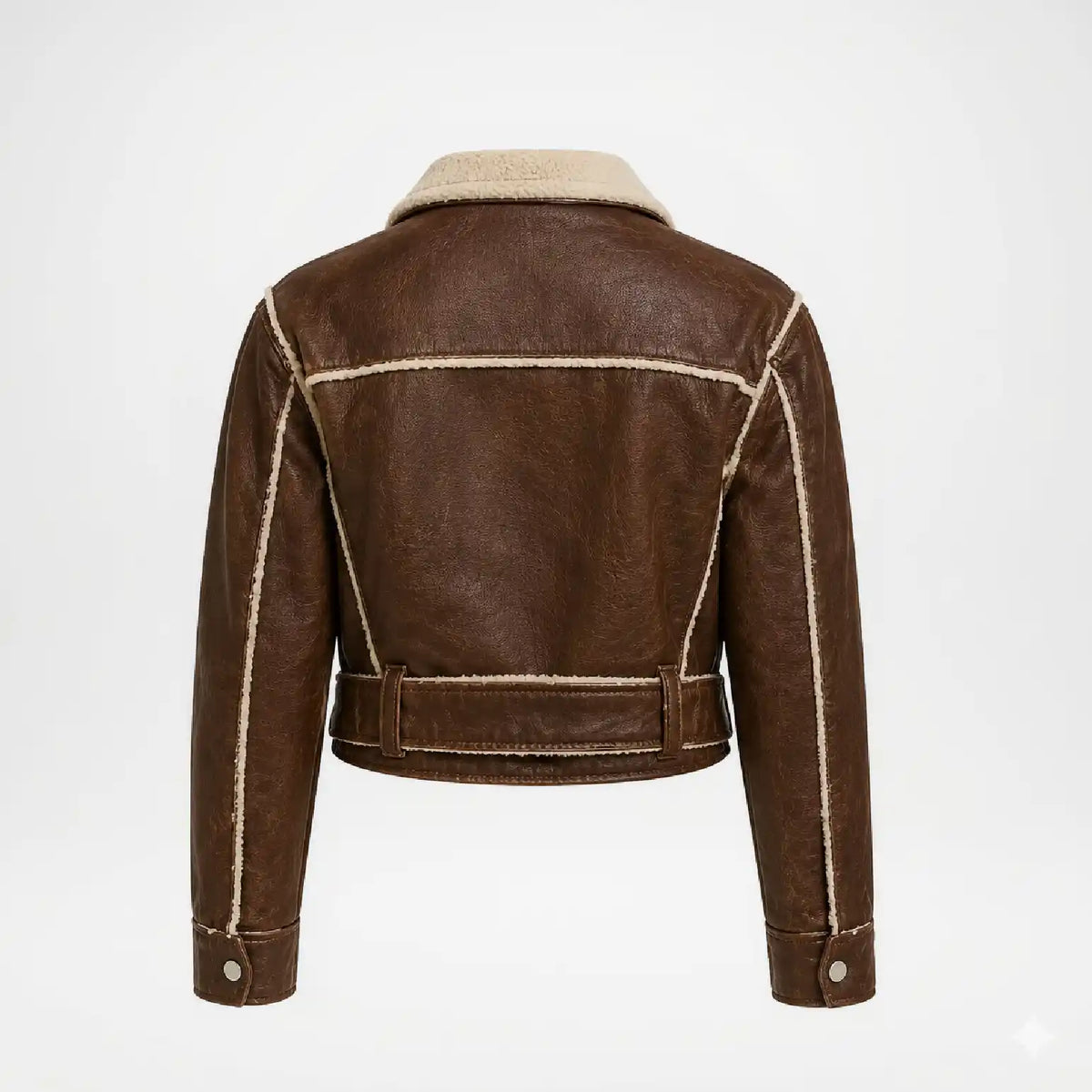 A brown leather jacket with a beige shearling-style collar and contrasting beige stitching, shown from the back on a light gray background.