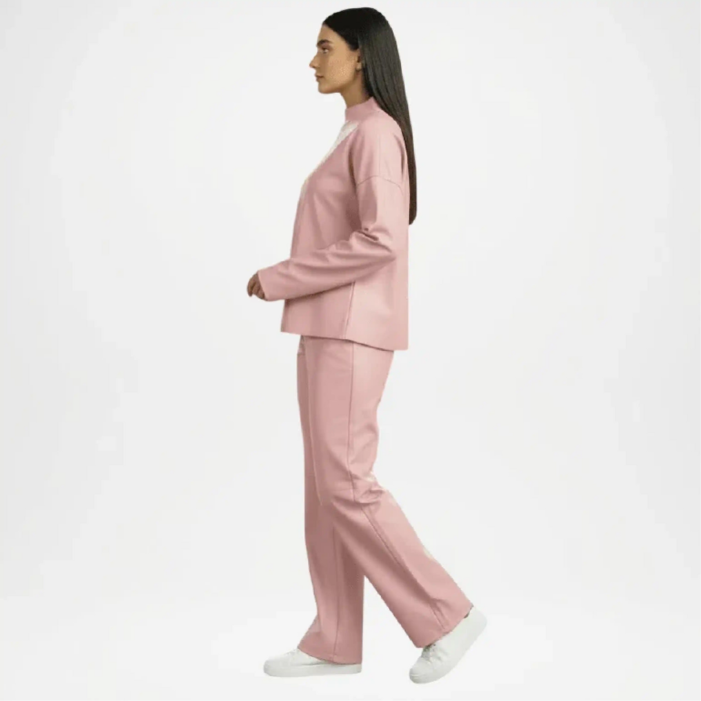 Woman wearing a pink suit Leather