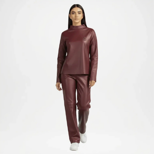 Burgundy Faux Leather Mock Neck Co-Ord Set