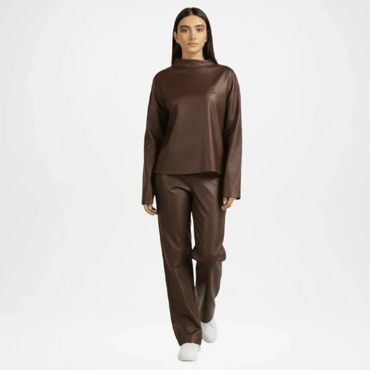 Dark Brown Faux Leather Mock Neck Co-Ord Set
