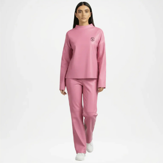 Pink Faux Leather Mock Neck Co-Ord Set
