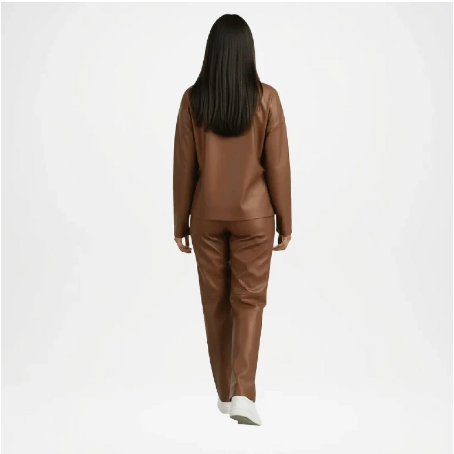 Person wearing a brown outfit on a white background