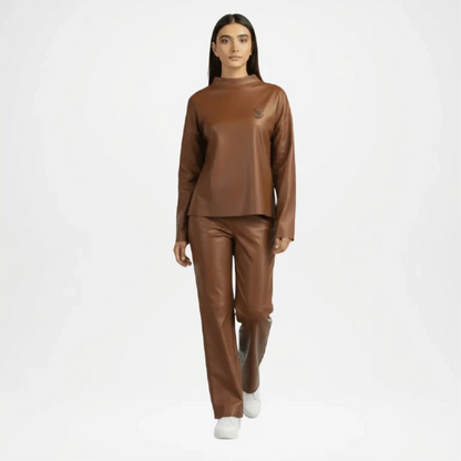 Brown Faux Leather Mock Neck Co-Ord Set