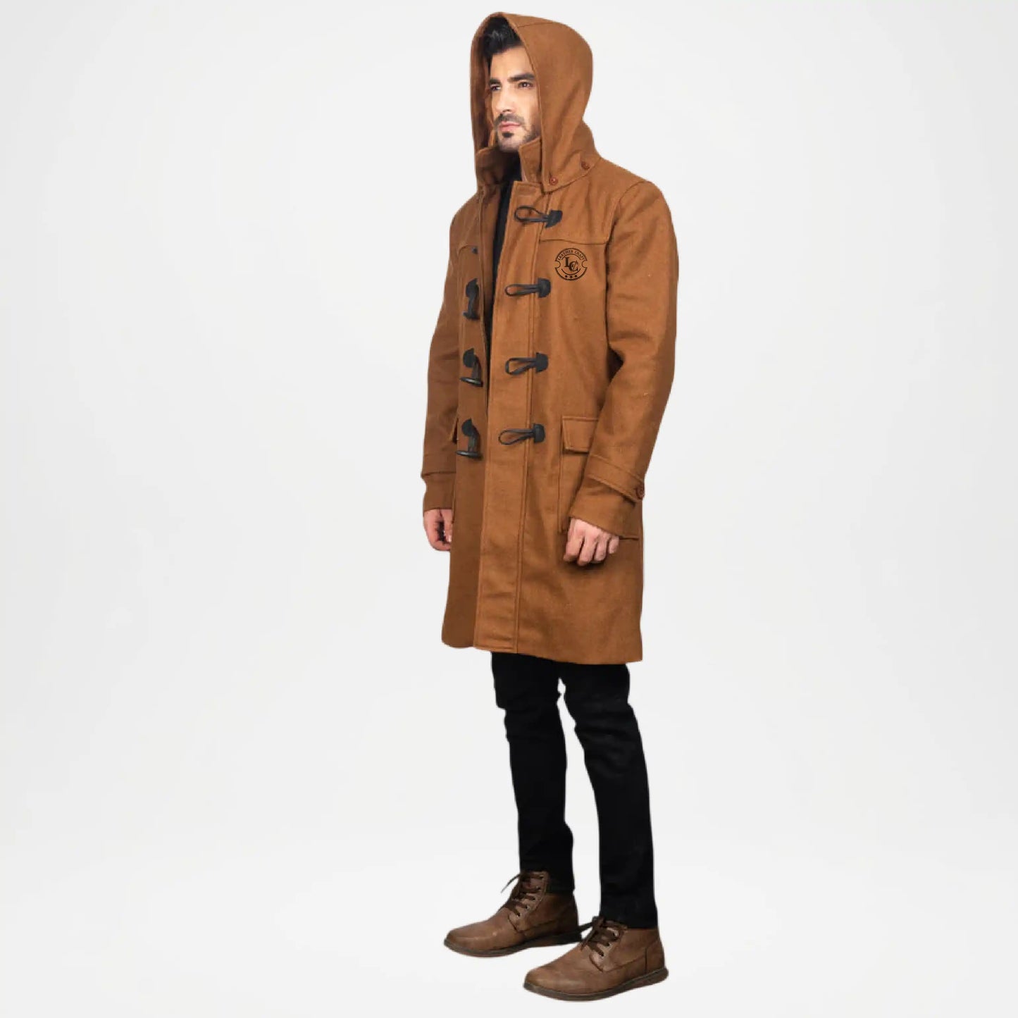 Man wearing a brown hooded coat on a white background