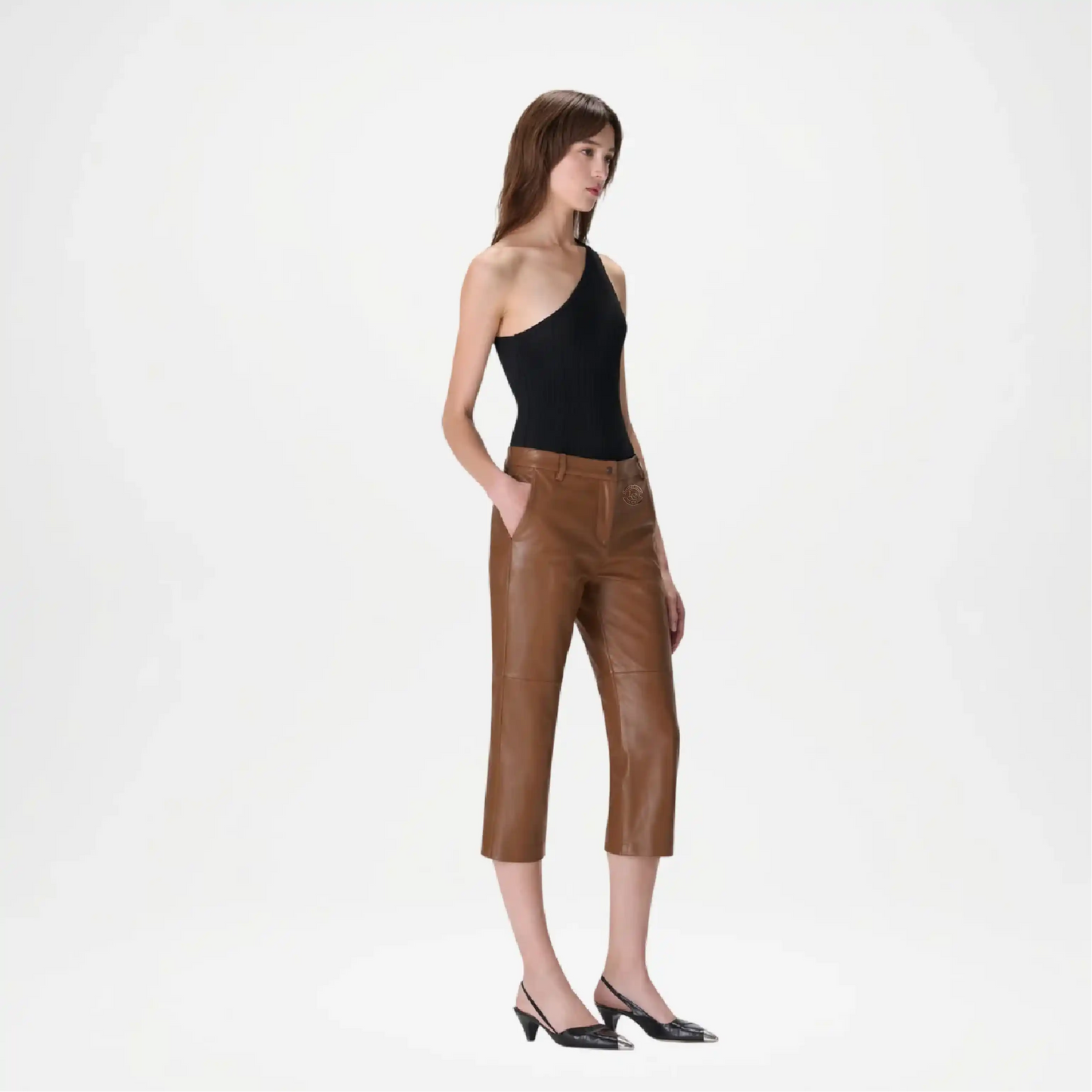 brown leather bermuda short pant women
