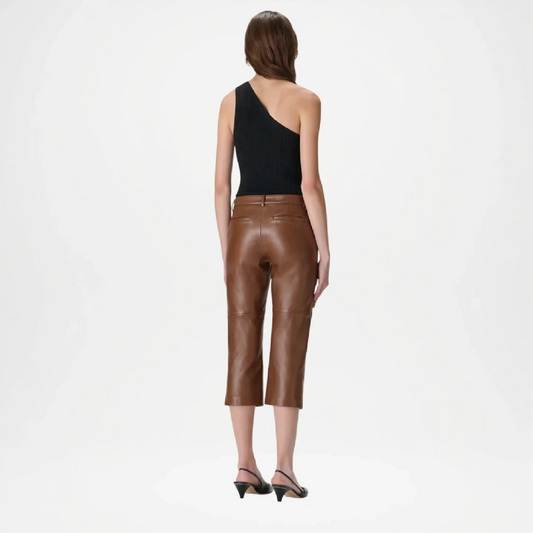 Woman wearing brown leather pants back side on a white background
