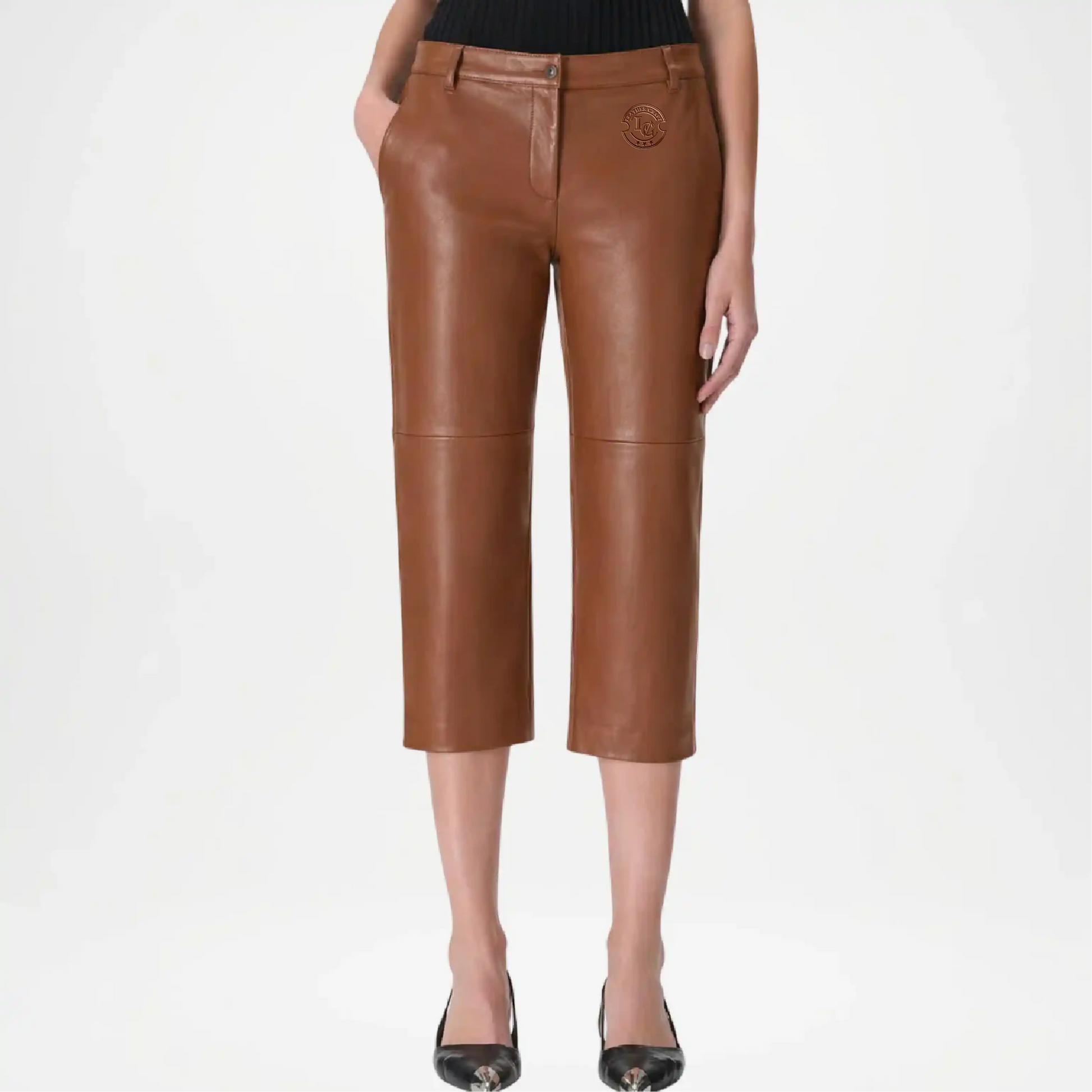 Brown Leather Bermuda Pants for Women