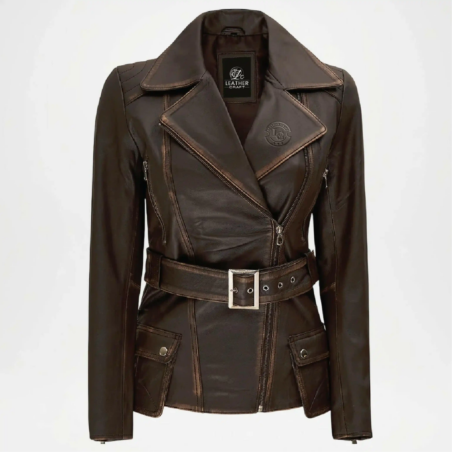 womens dark brown leather biker jacket