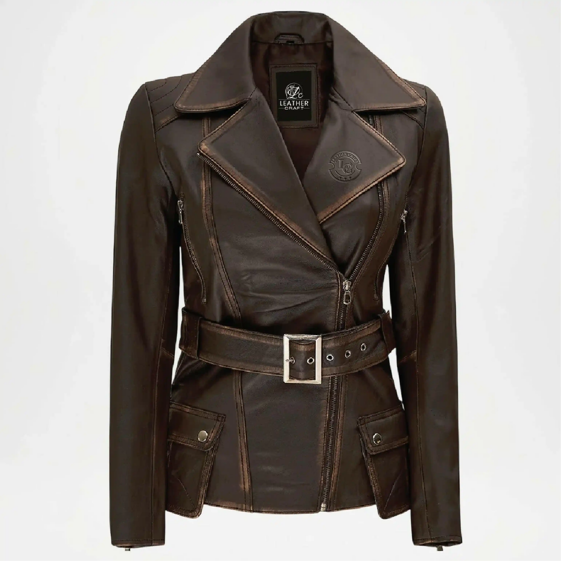 womens dark brown leather biker jacket