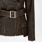 Brown leather jacket with a belt and silver buckle 