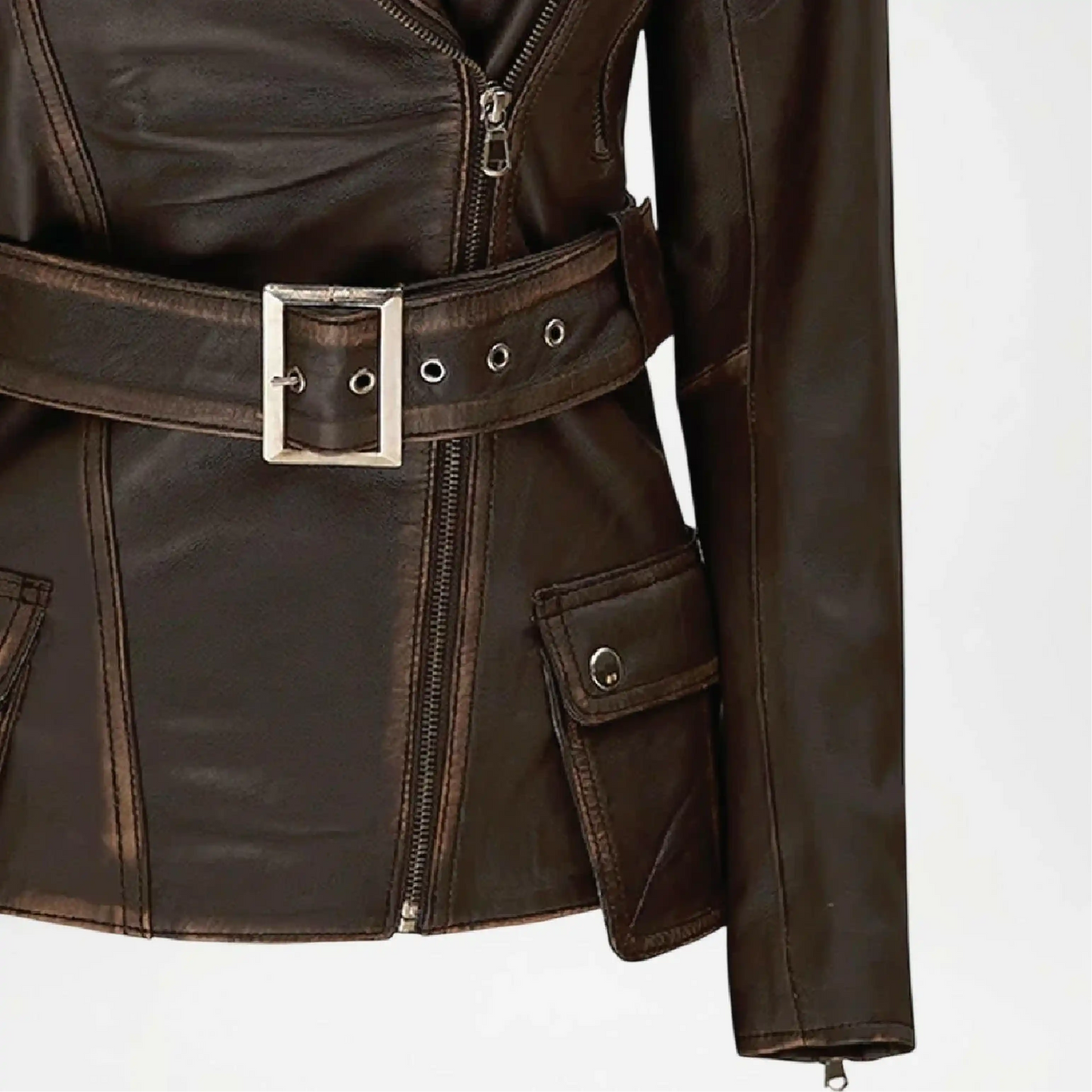 Brown leather jacket with a belt and silver buckle 