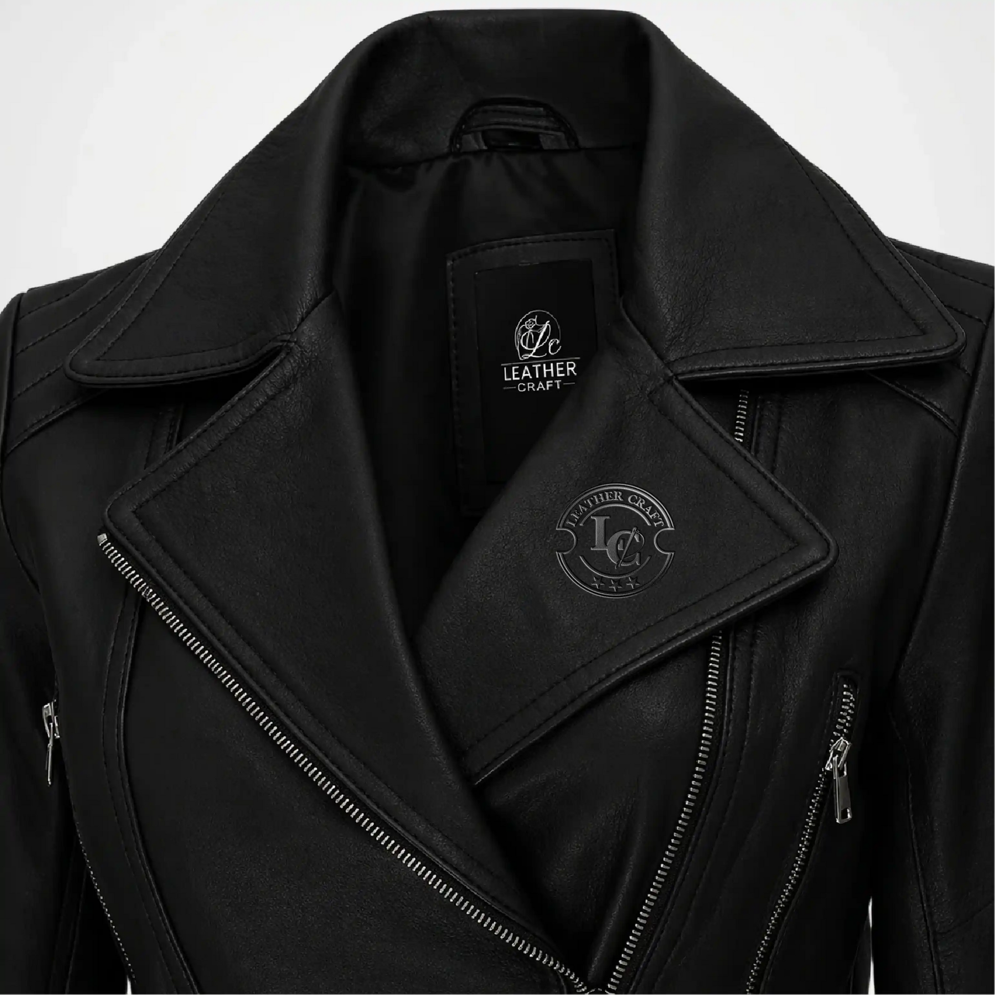 Close-up of a black leather jacket